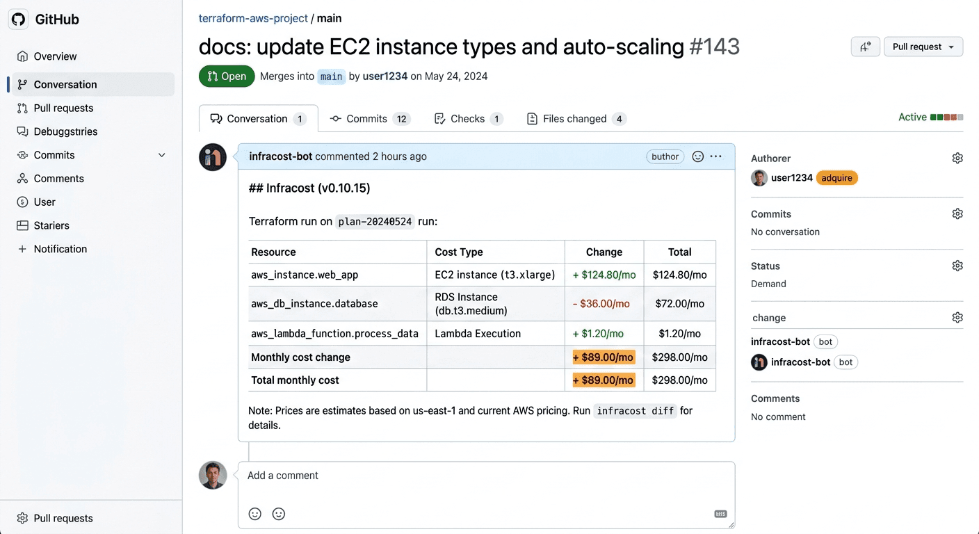 Screenshot of an Infracost pull request comment