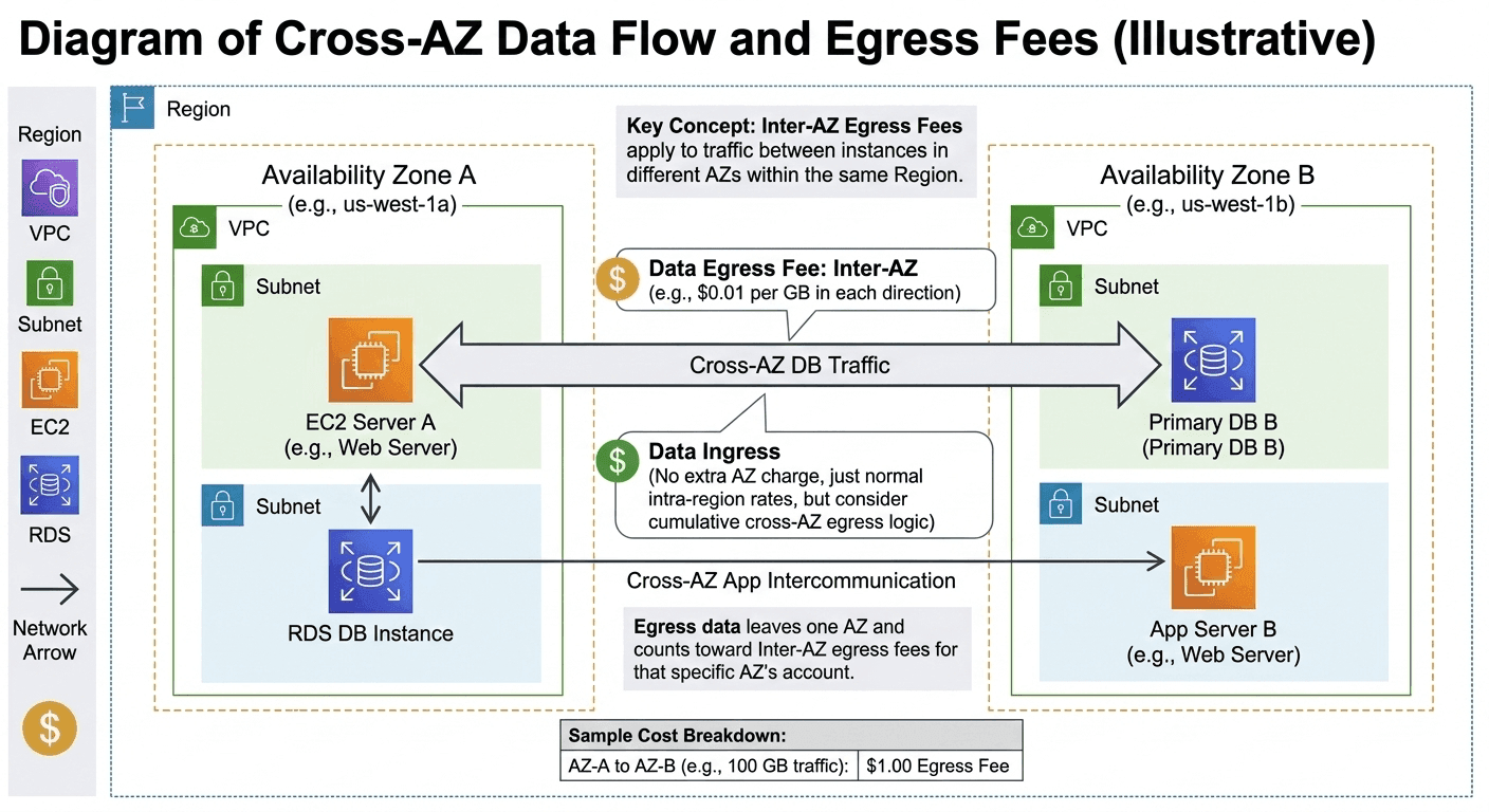 Diagram showing data flow between AWS availability zones with egress fee labels illustrating cross AZ transfer costs