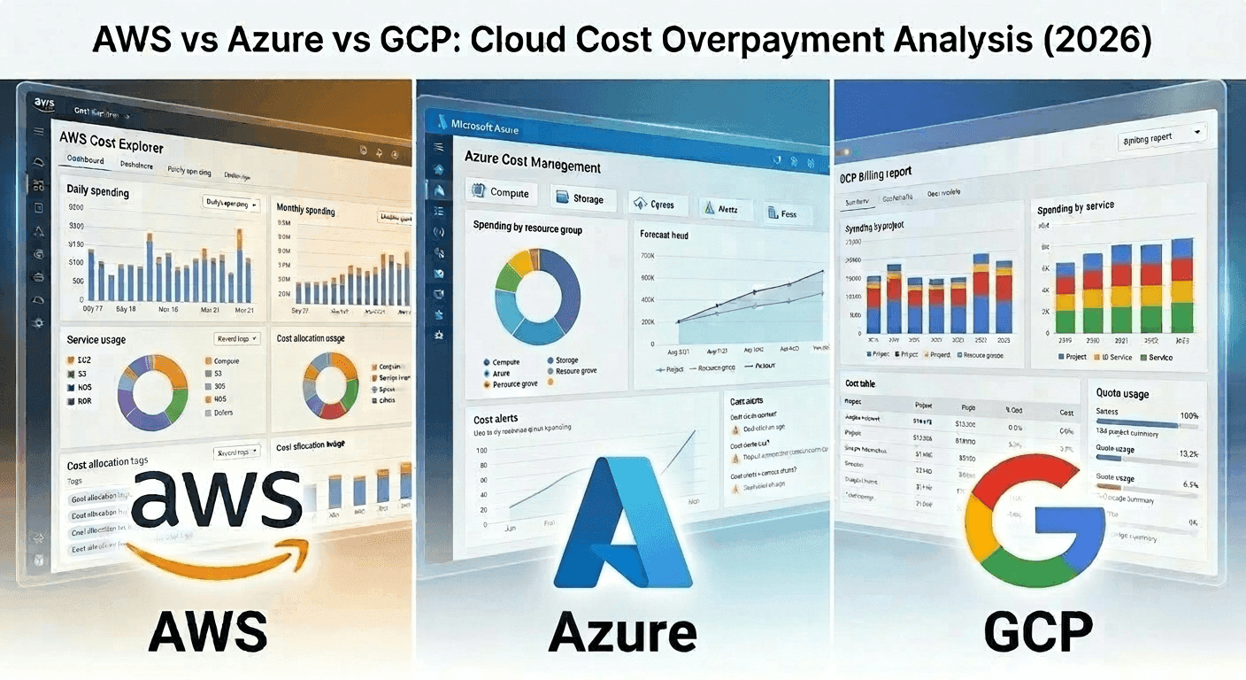 Side by side comparison of AWS Azure and GCP logos with cloud cost dashboard visuals in the background