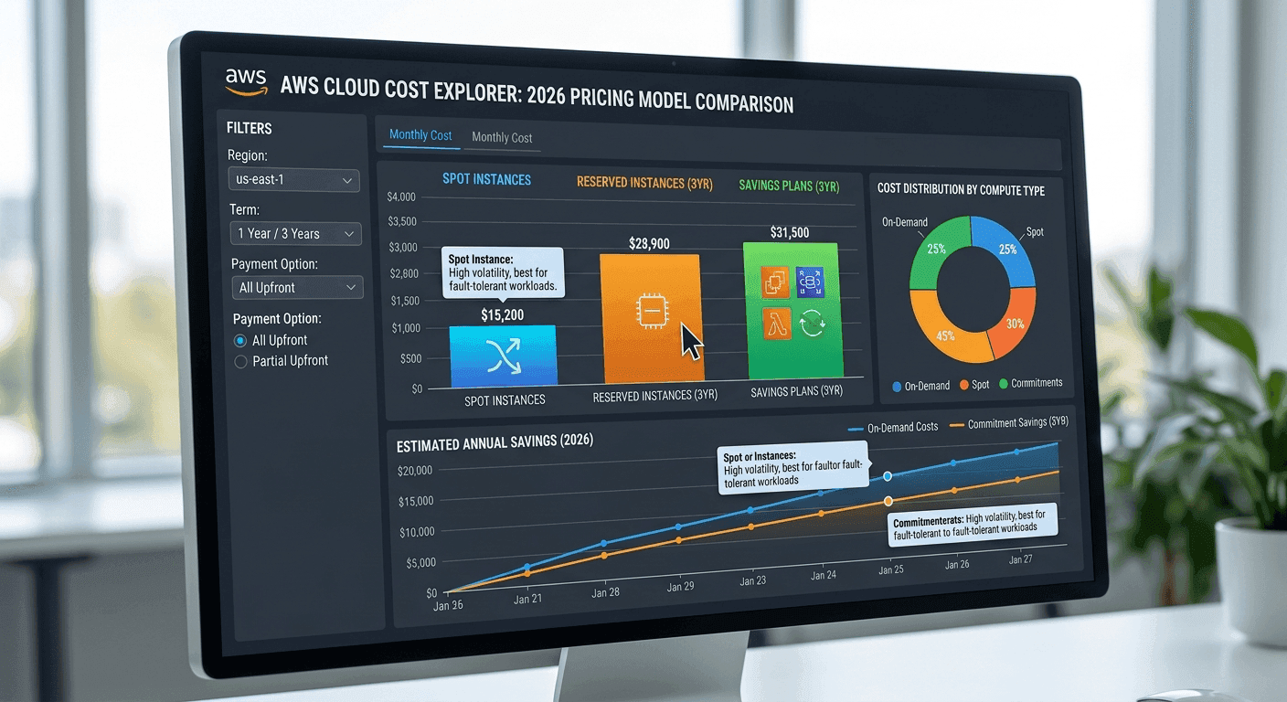 AWS pricing model comparison dashboard or cloud cost breakdown chart