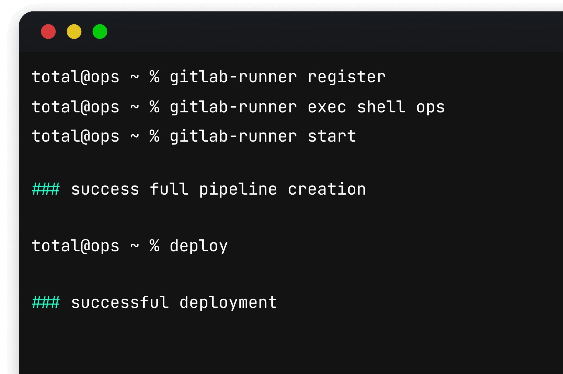 GitLab terminal showing runner commands and deployment process